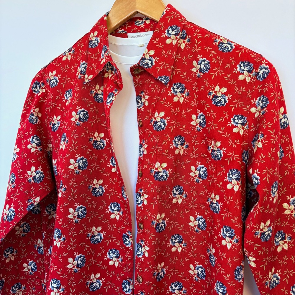 Liz Claiborne Lizwear Red Calico Floral Overshirt S Cotton Cottage Y2K Western